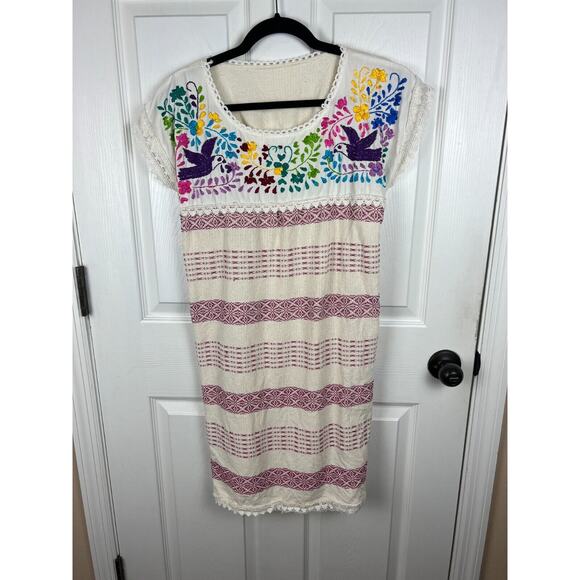 Cream Embroidered Floral Bird Colorful Cotton Boho Festival Dress Small Mexico - Picture 5 of 6